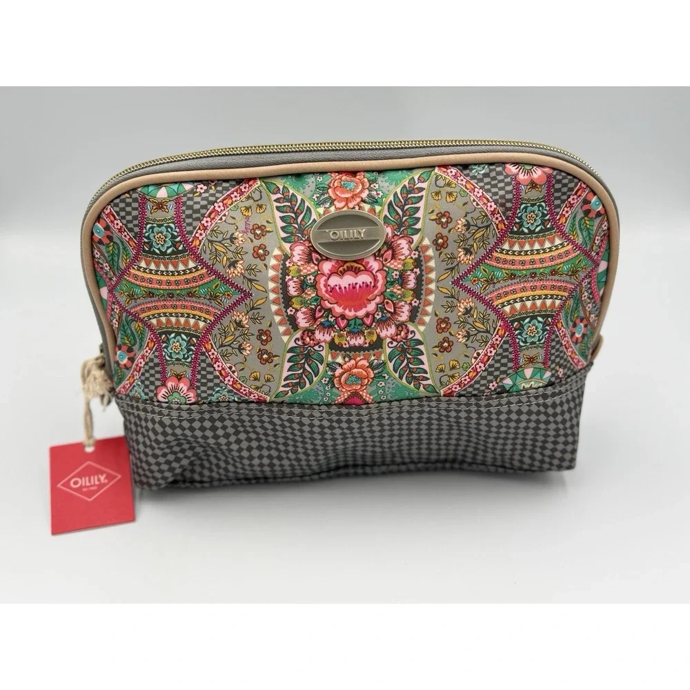 Oilily Toiletry Bag Color Iron Pink Geometric Floral With Plaid Mirror NWT